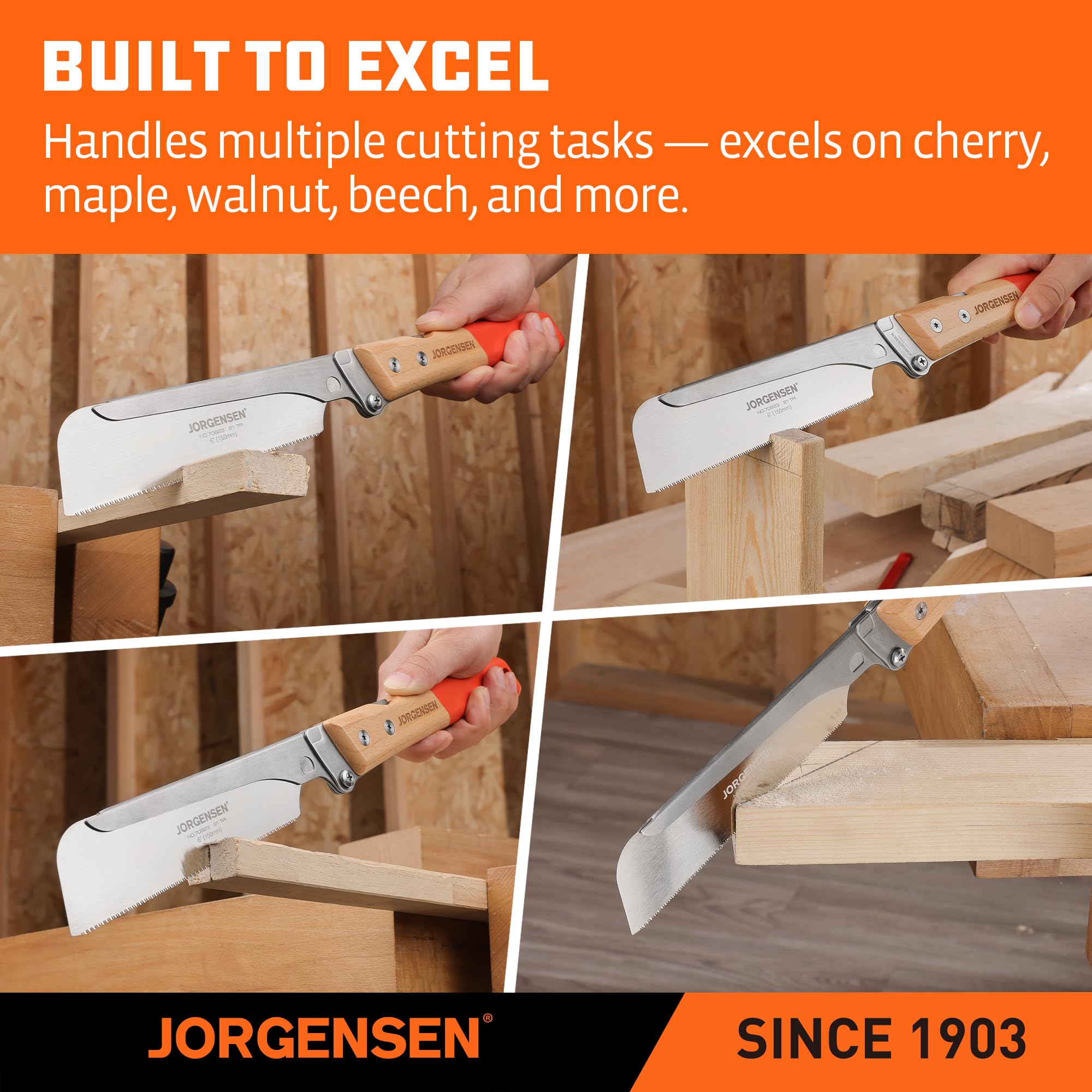 Jorgensen dovetail saw in use for controlled, precise joinery.