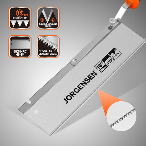 Jorgensen saw enables left and right cutting for versatility.