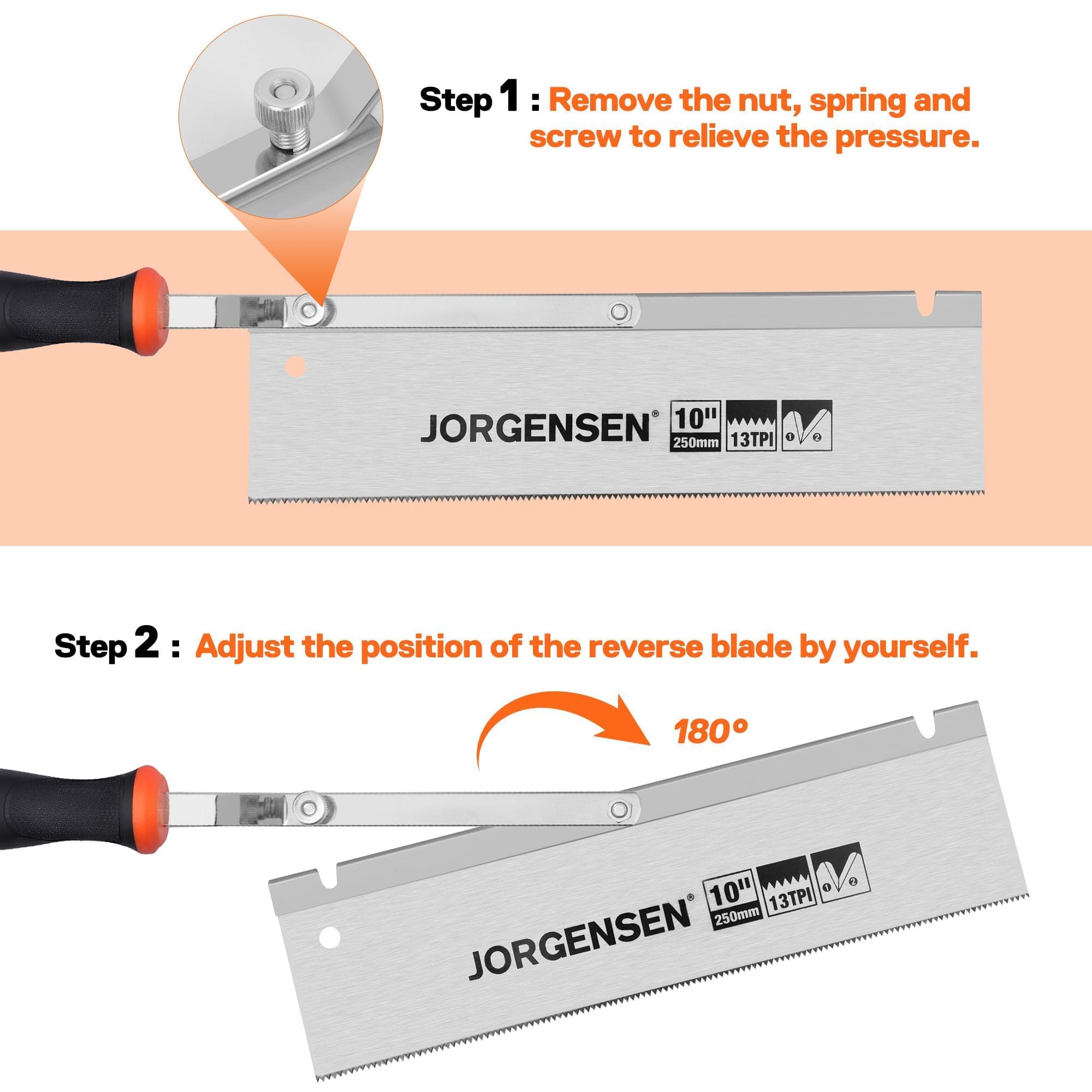 Jorgensen reinforced carbon back adds rigidity for straight cuts.