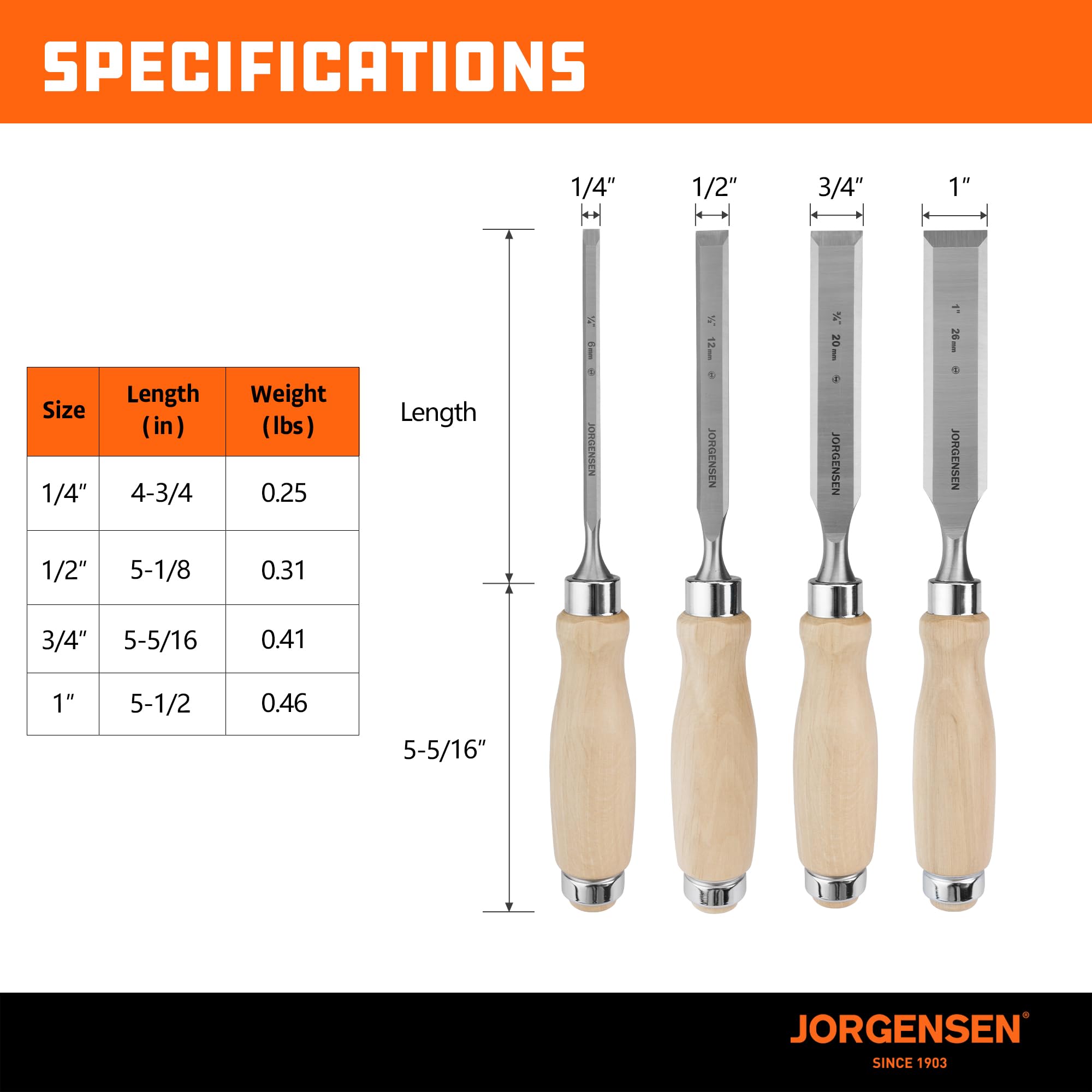 Jorgensen ergonomic hardwood handle with ferrule for durability.