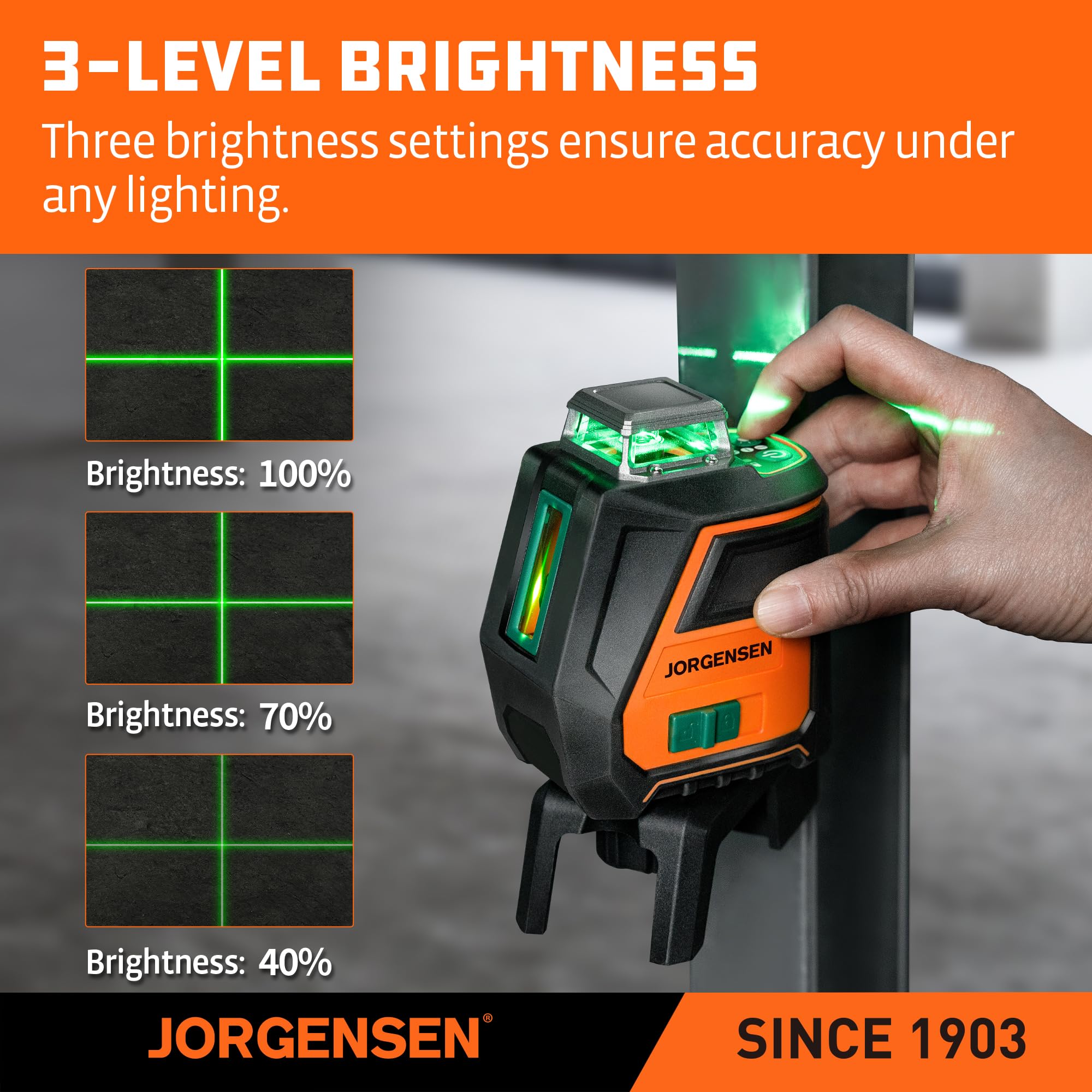 Jorgensen green laser line offers high contrast for long-distance layout.