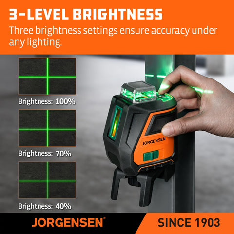 Jorgensen green laser line offers high contrast for long-distance layout.