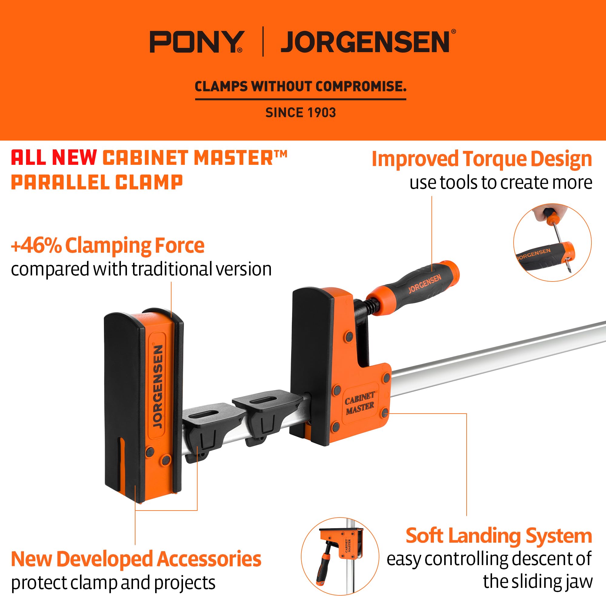 Heavy-duty Jorgensen clamp delivering up to 2200 lbs of clamping force.