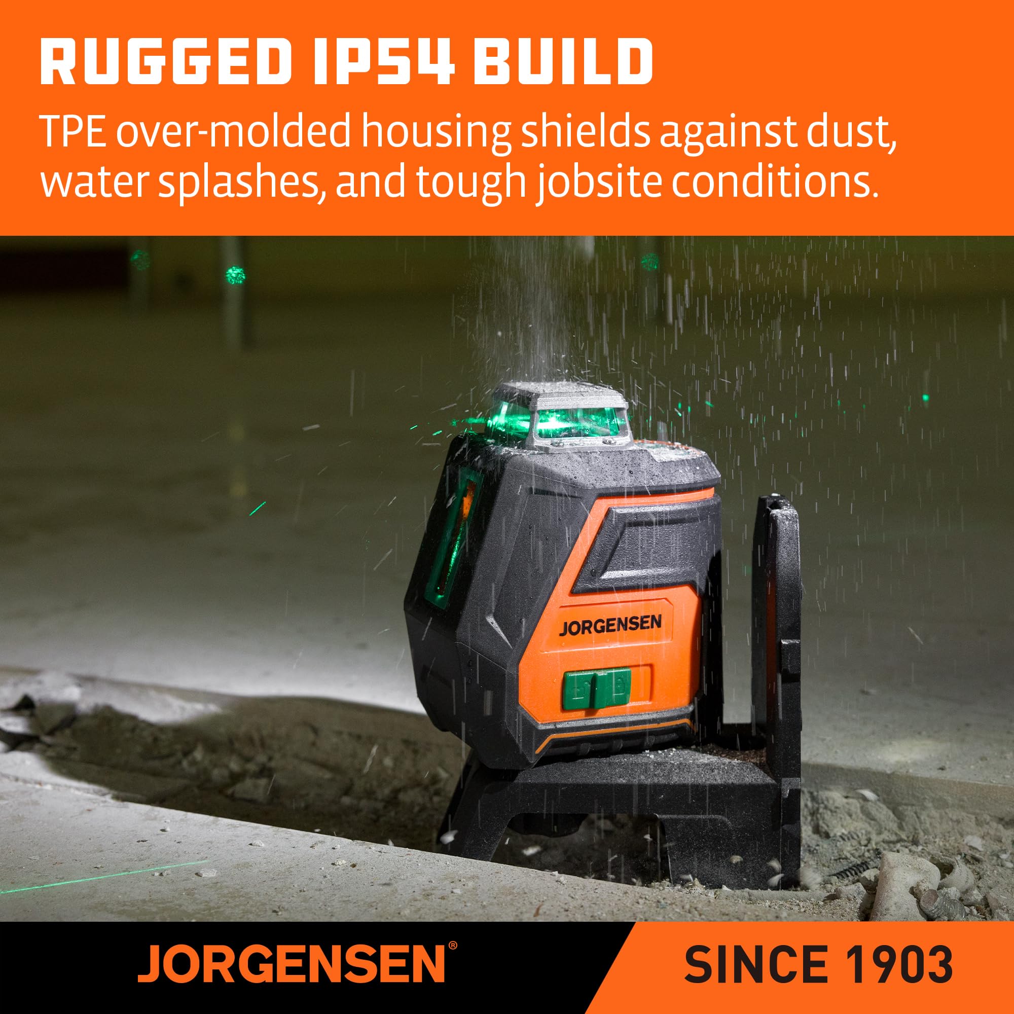Jorgensen IP54-rated durability protects against dust and water on site.