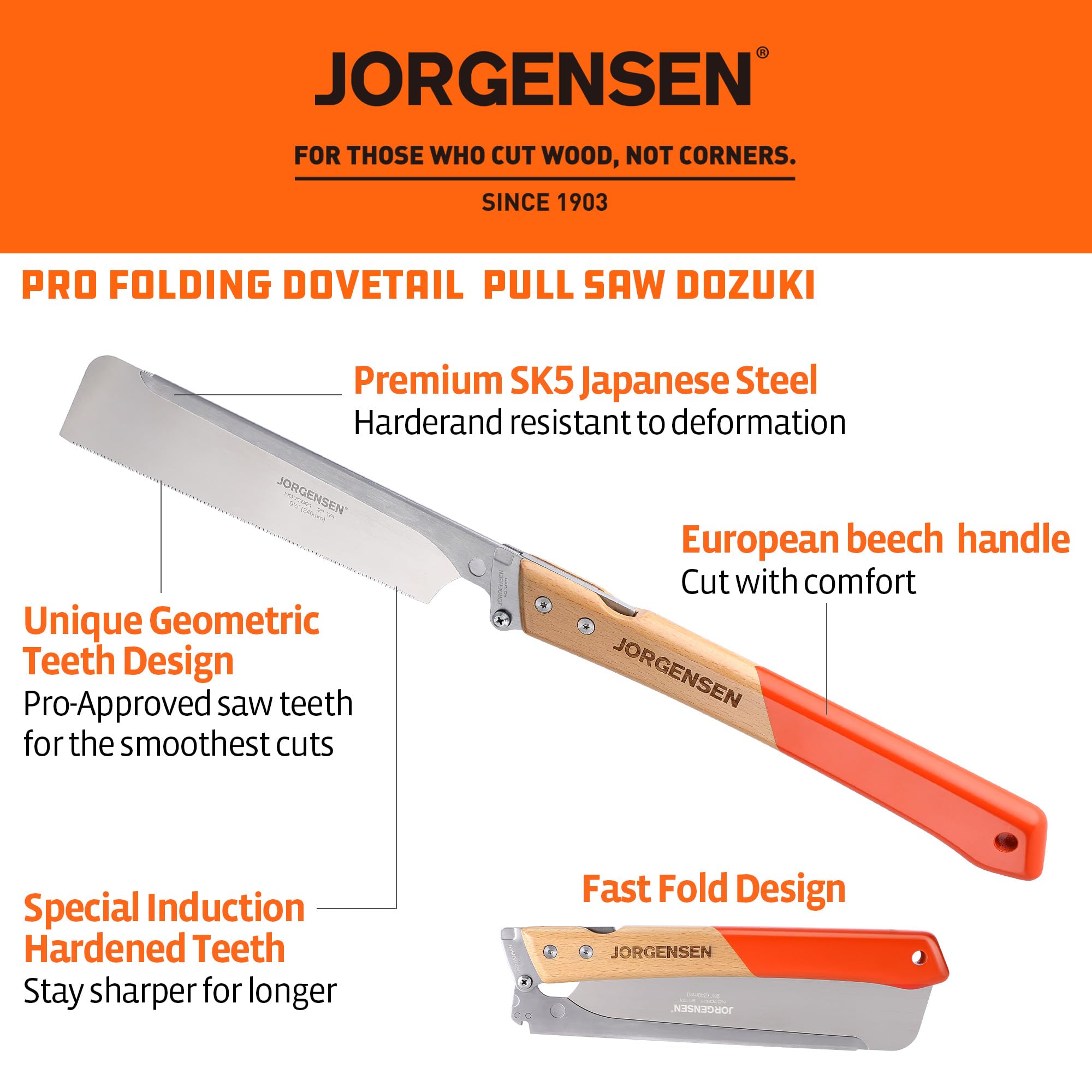 Jorgensen folding mechanism demonstrates tool-less blade change for quick adjustments.