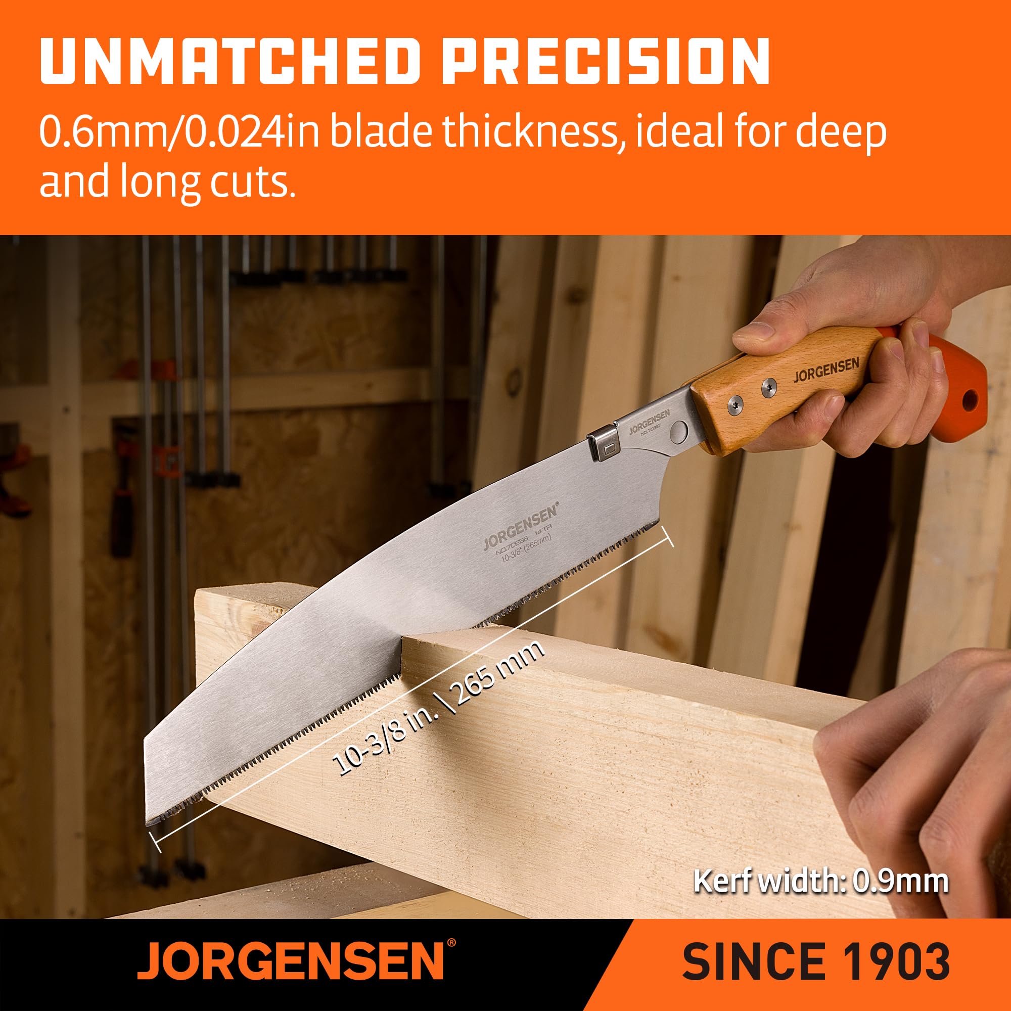 Jorgensen Kataba saw with 14 TPI blade for balanced speed and accuracy.