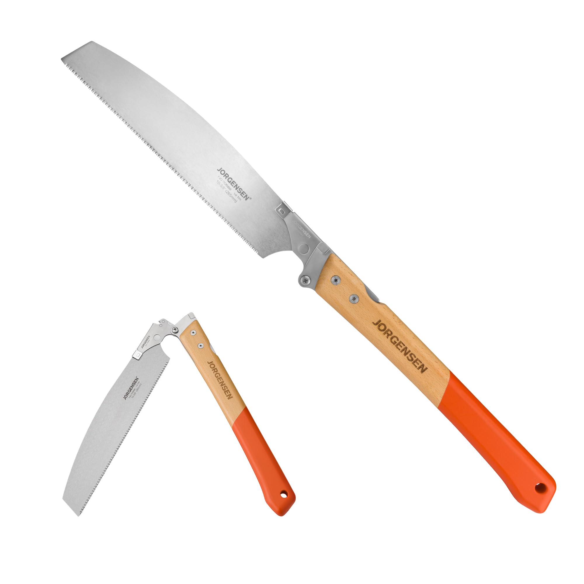 Jorgensen Kataba pull saw blade close-up shows sharp teeth for clean cuts.