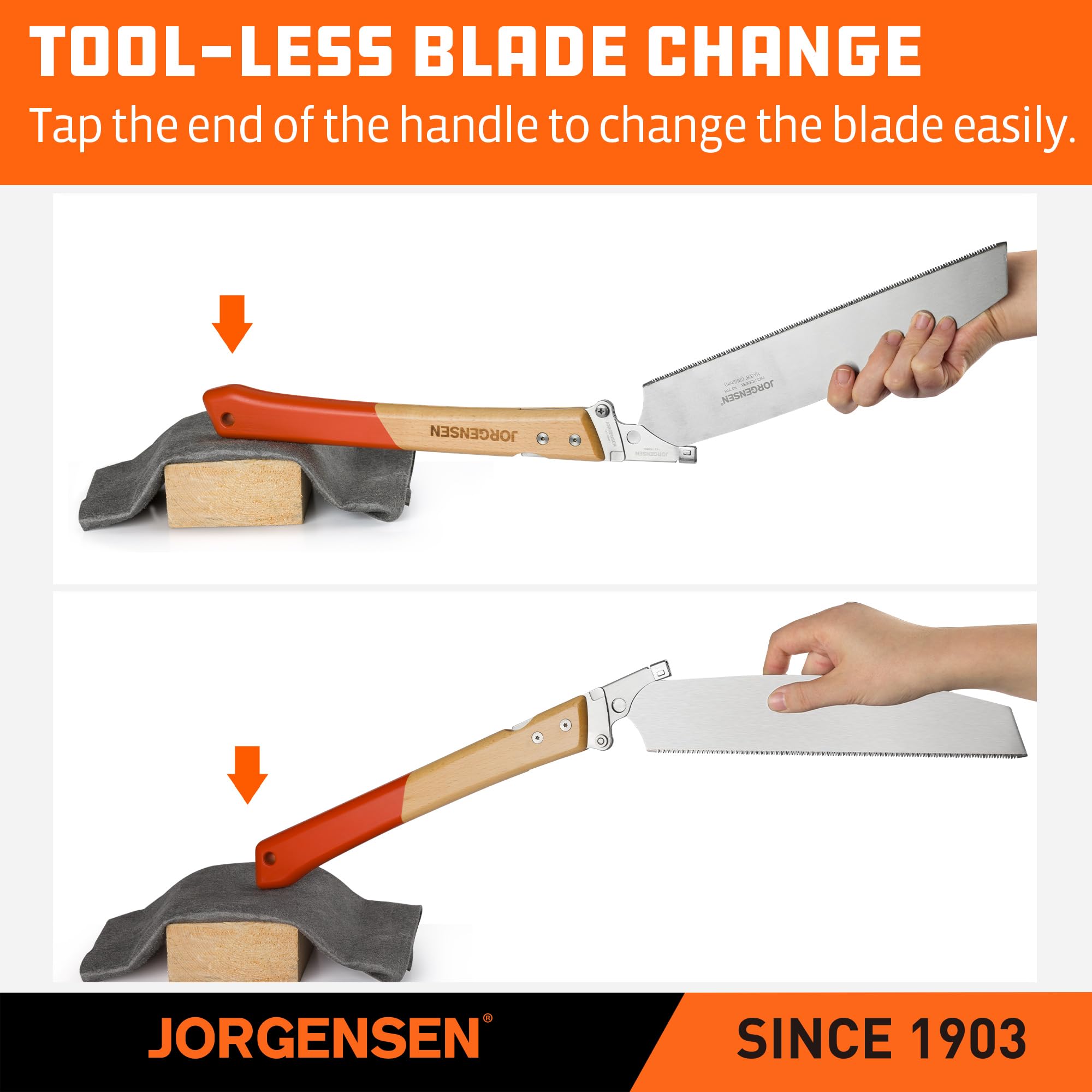 Jorgensen Kataba pull saw action demonstrates precise wood trimming and clean edges.