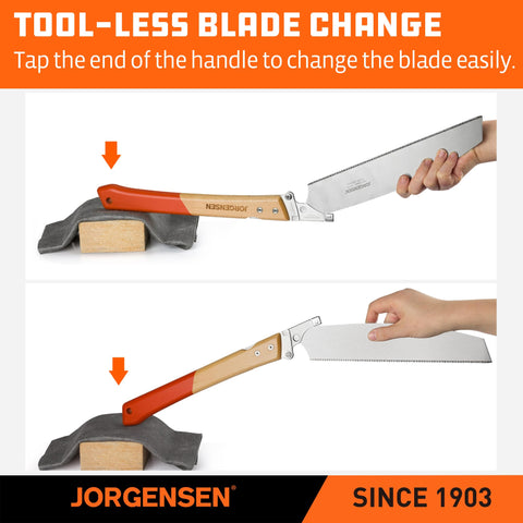 Jorgensen Kataba pull saw action demonstrates precise wood trimming and clean edges.
