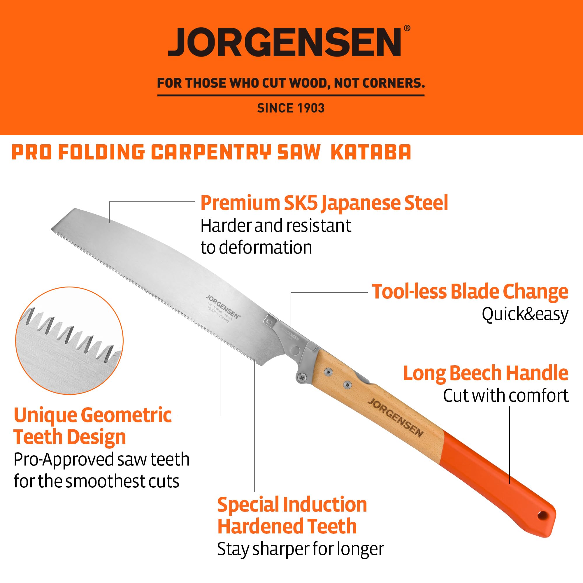 Jorgensen Kataba pull saw handle highlights ergonomic beech wood grip.