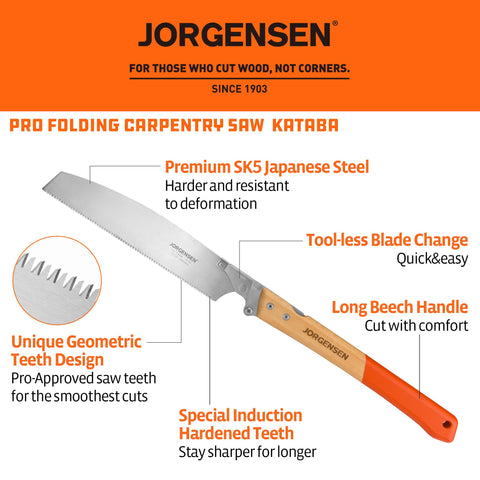 Jorgensen Kataba pull saw handle highlights ergonomic beech wood grip.
