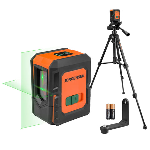 Jorgensen laser level with green cross lines for quick alignment.