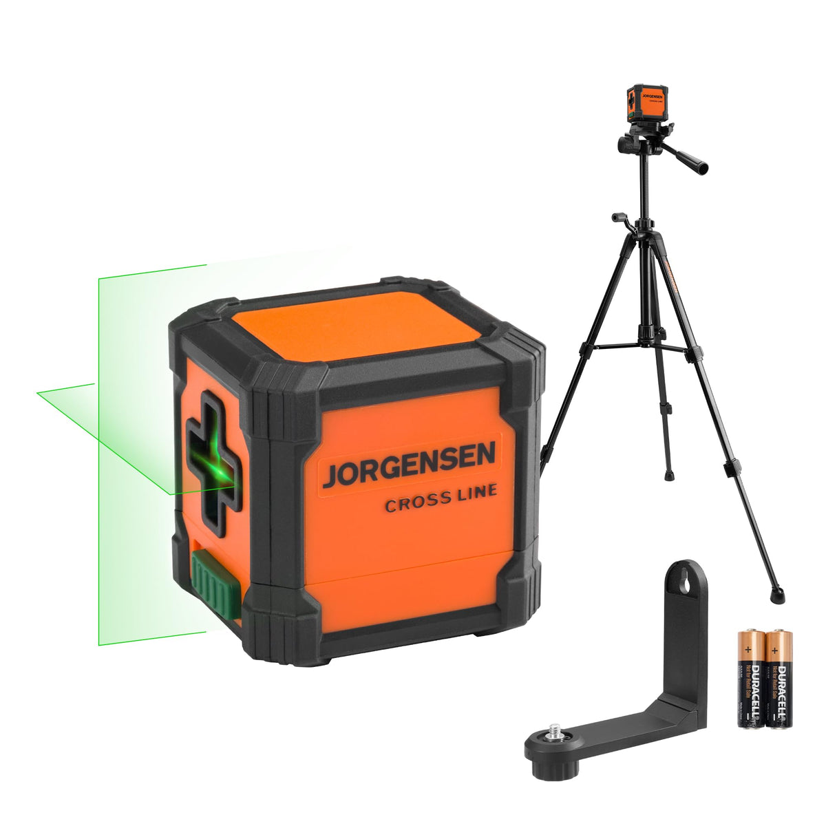 Jorgensen laser level with green beam projects precise lines at 65 ft for accurate spacing
