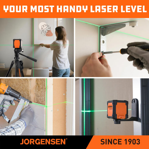 Jorgensen laser level package includes batteries and manual for ready setup
