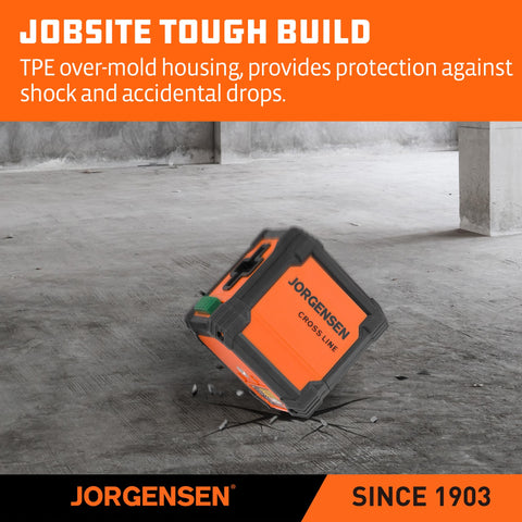 Jorgensen laser level emits bright green lines for enhanced indoor visibility