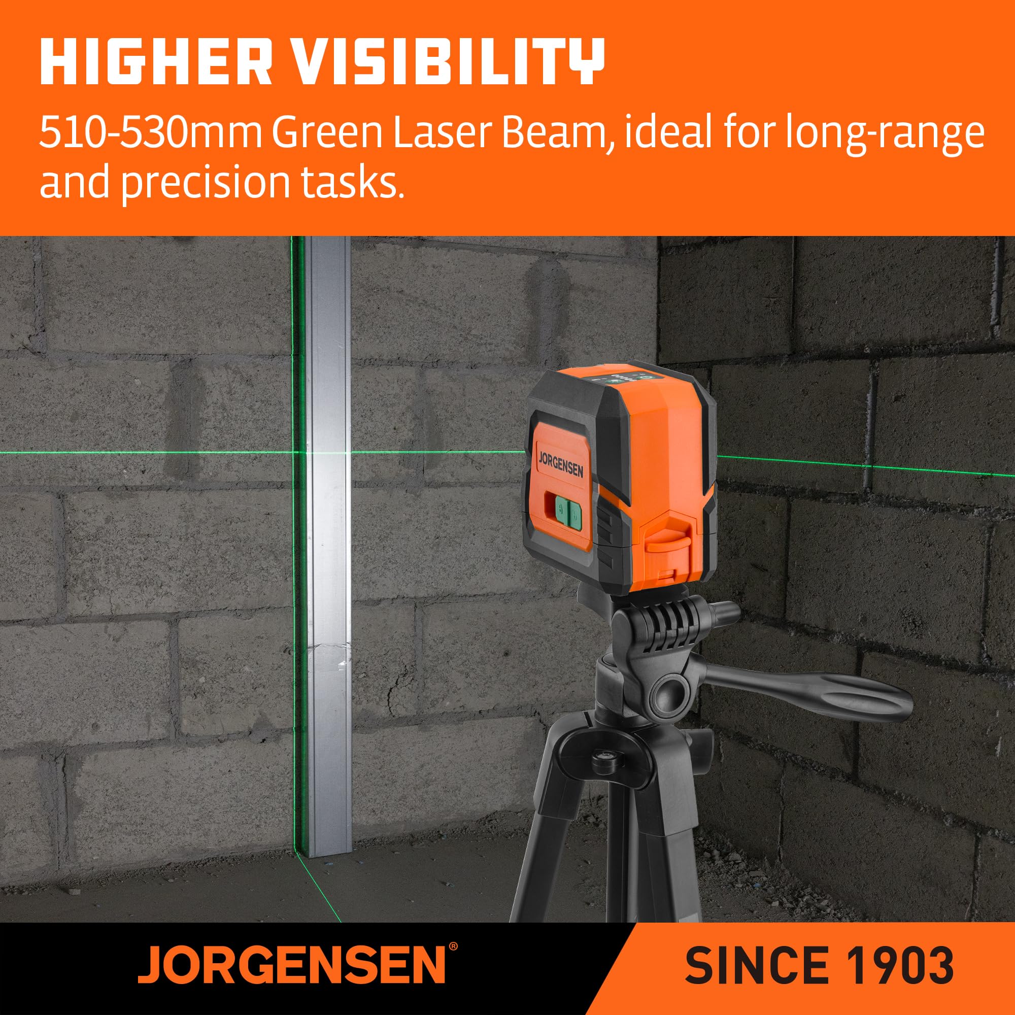Jorgensen magnetic bracket secures the laser to metal surfaces for flexible mounting.