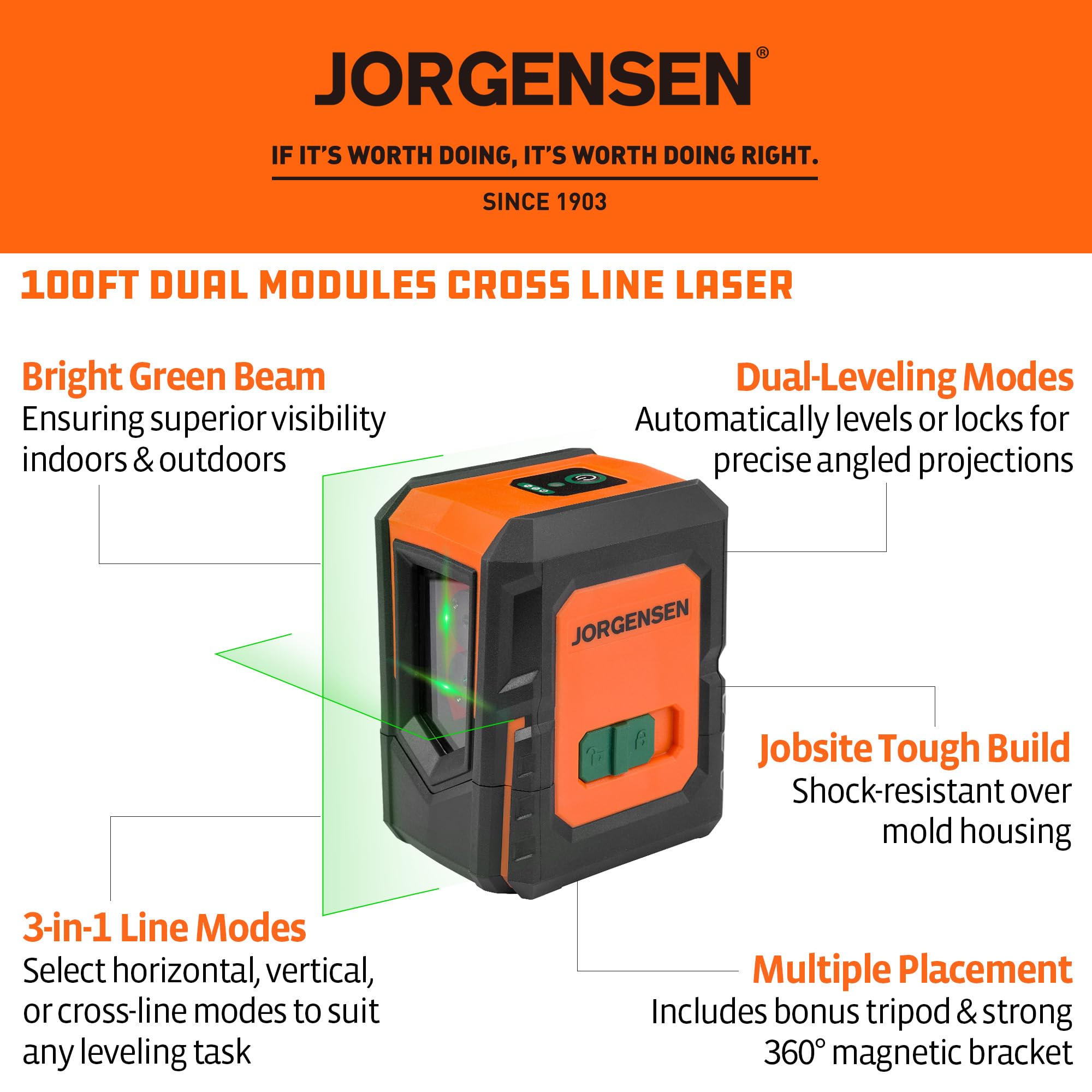 Jorgensen laser level self-leveling aids precise indoor alignment.