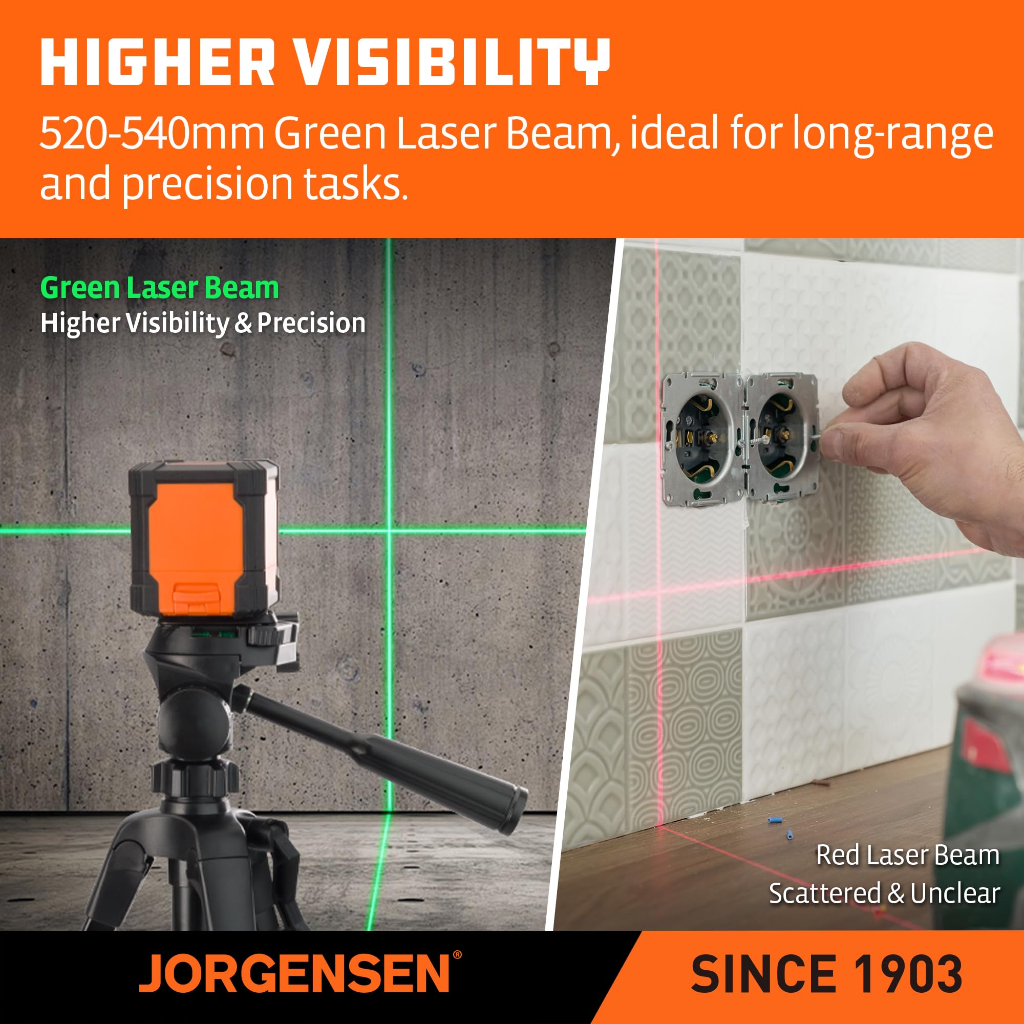 Jorgensen laser level self-leveling mode keeps lines straight and true