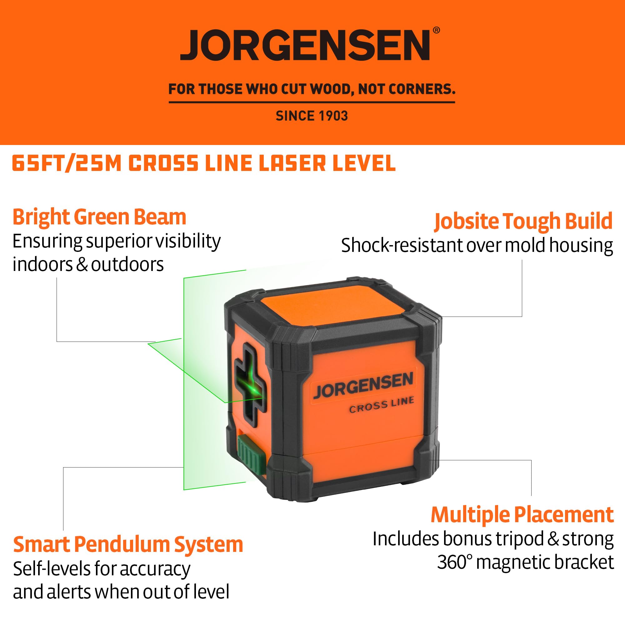 Jorgensen laser level on adjustable tripod provides steady support for indoor projects