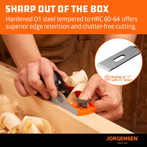Jorgensen No 60-1/2 wood planer blade detail highlighting O1 steel edge