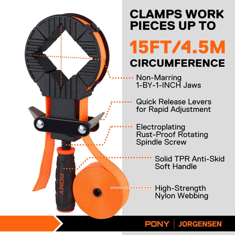 Jorgensen Pony rapid-acting band clamp offers quick clamping for round or square projects.