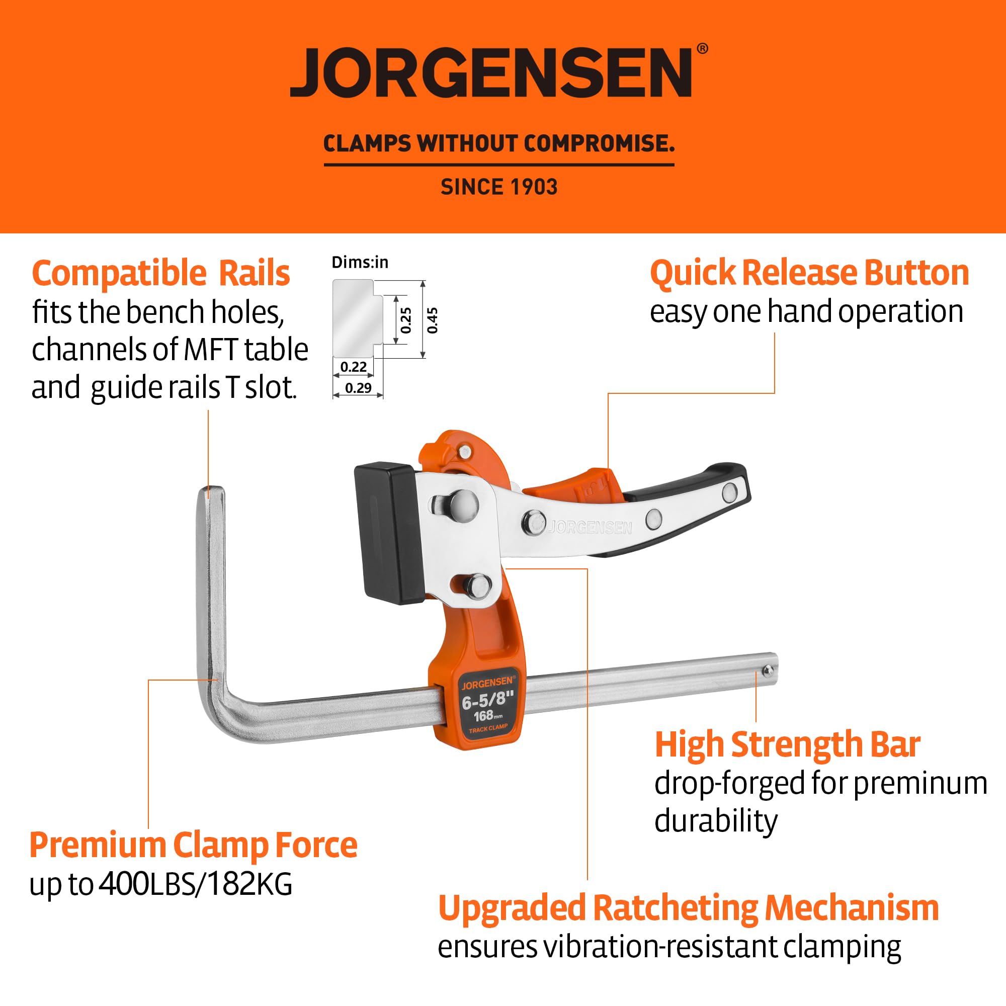 Jorgensen quick-release button enables one-handed clamp setup.