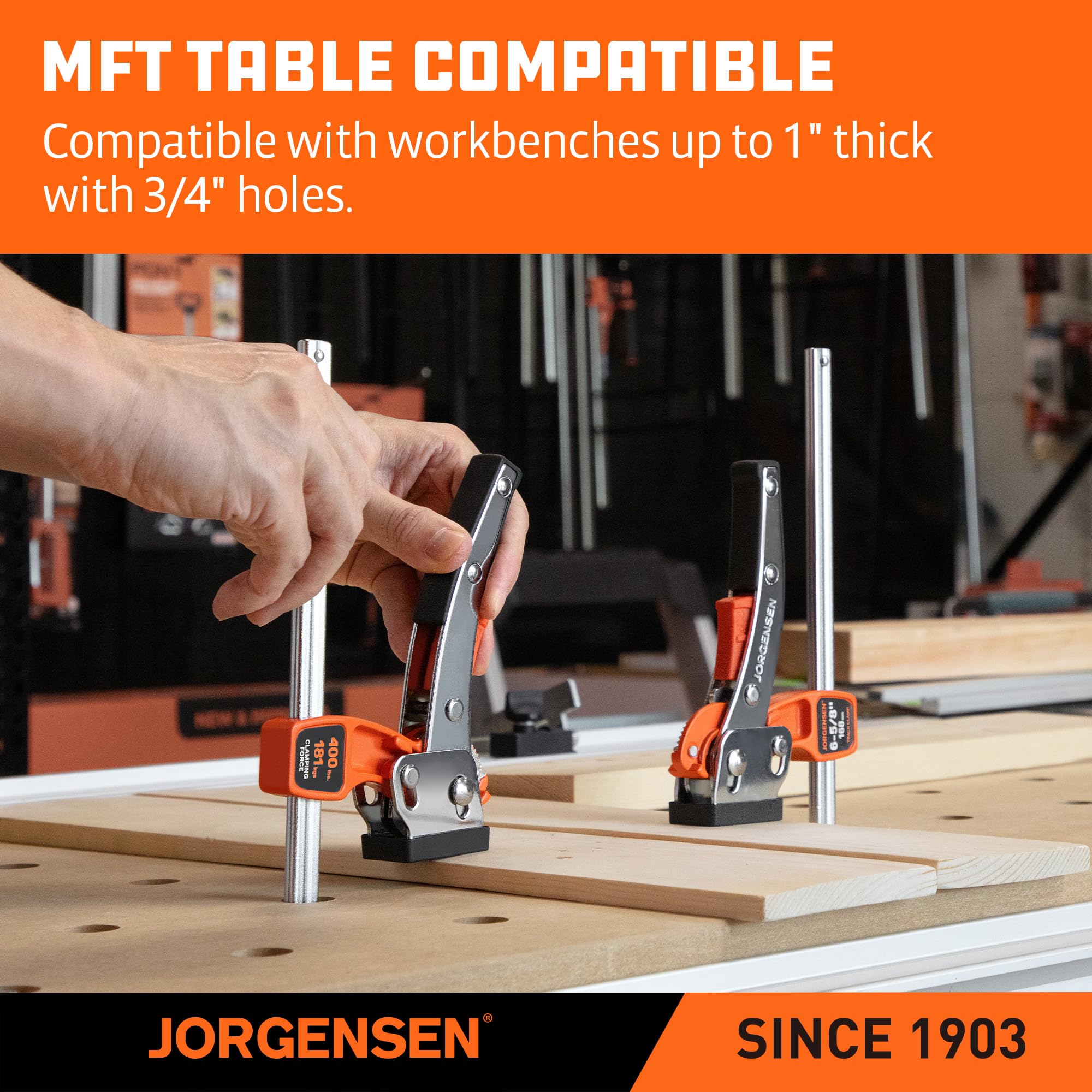 Jorgensen clamp aligns with standard T-slot rails for easy setup.