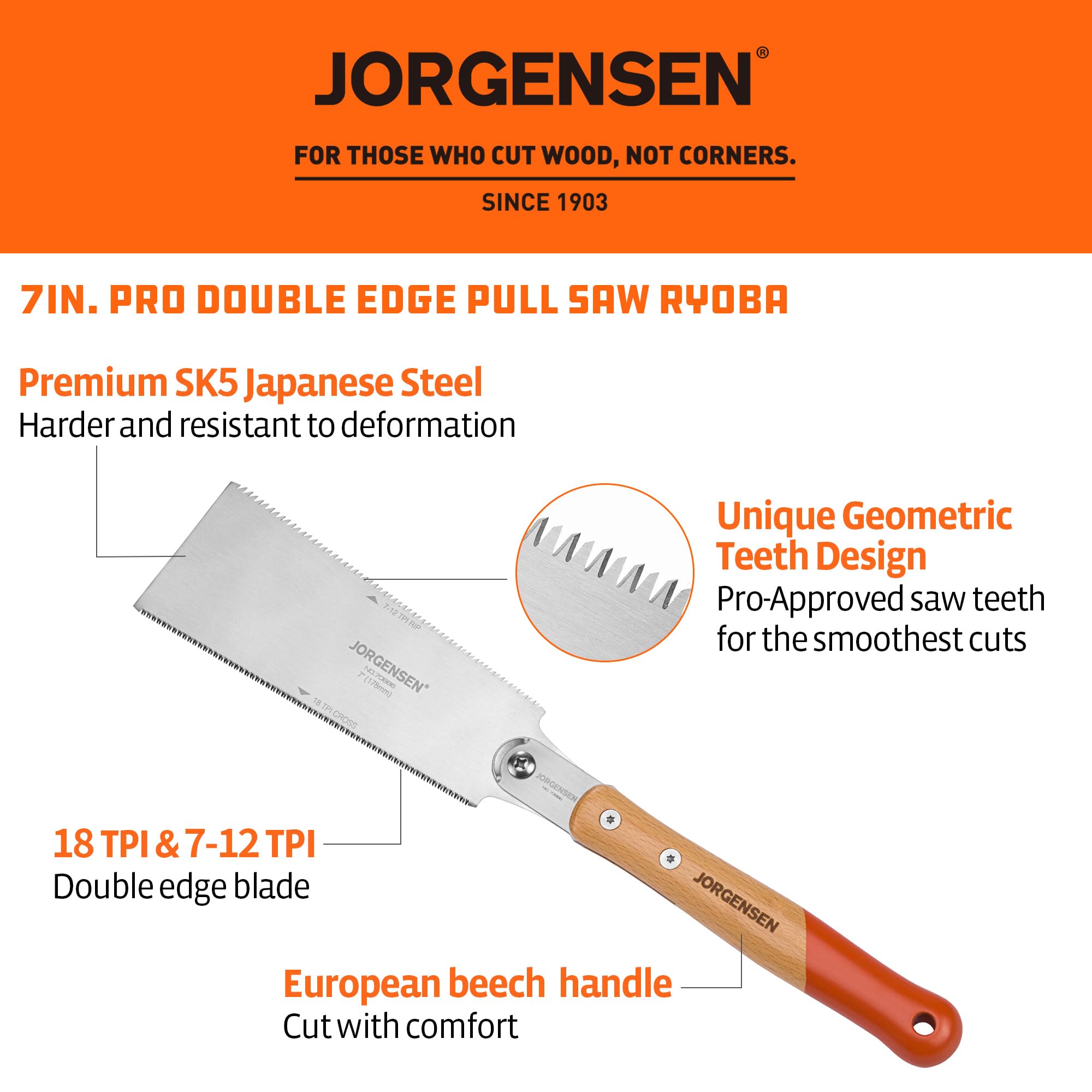 Close-up of Jorgensen Ryoba 18tpi hardwood-side edge for clean hardwood cuts