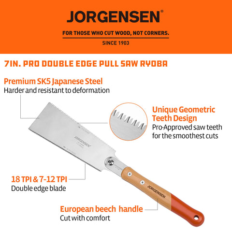 Close-up of Jorgensen Ryoba 18tpi hardwood-side edge for clean hardwood cuts