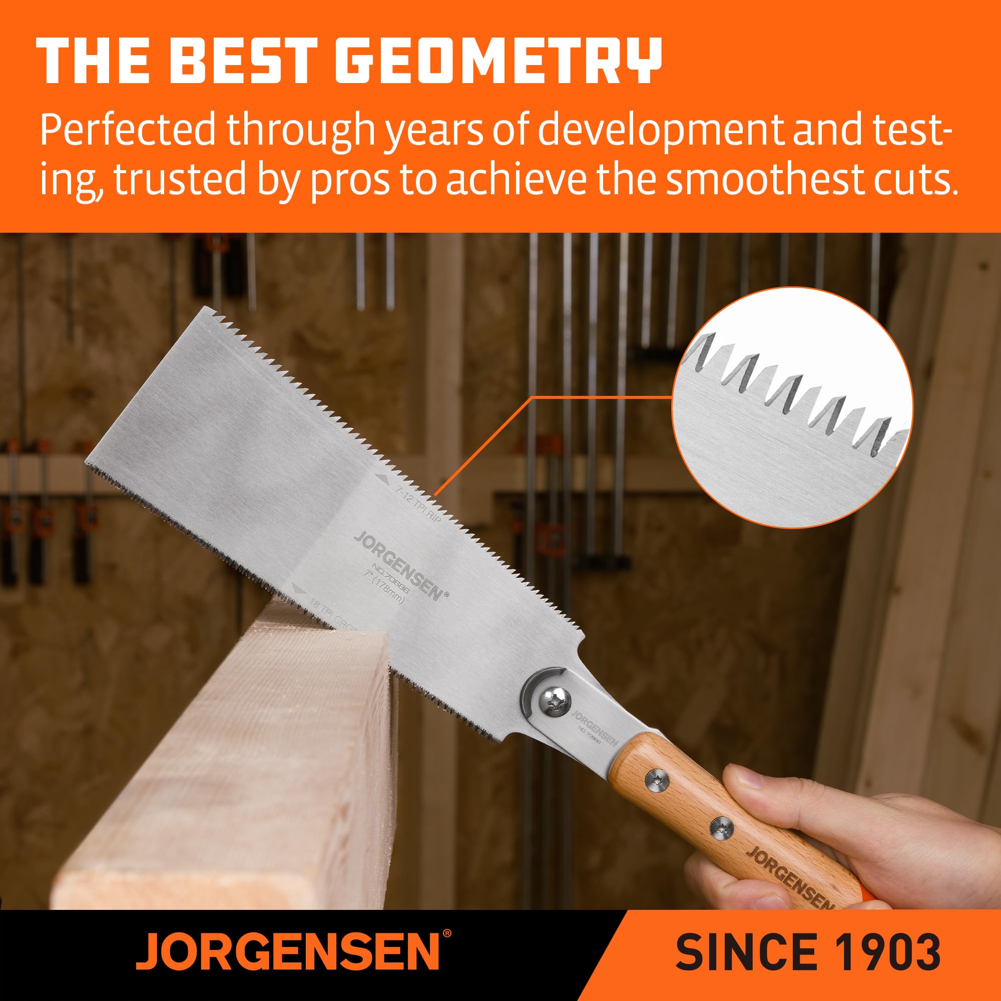 Jorgensen Ryoba side with 7-12tpi teeth for fast rip cuts along grain
