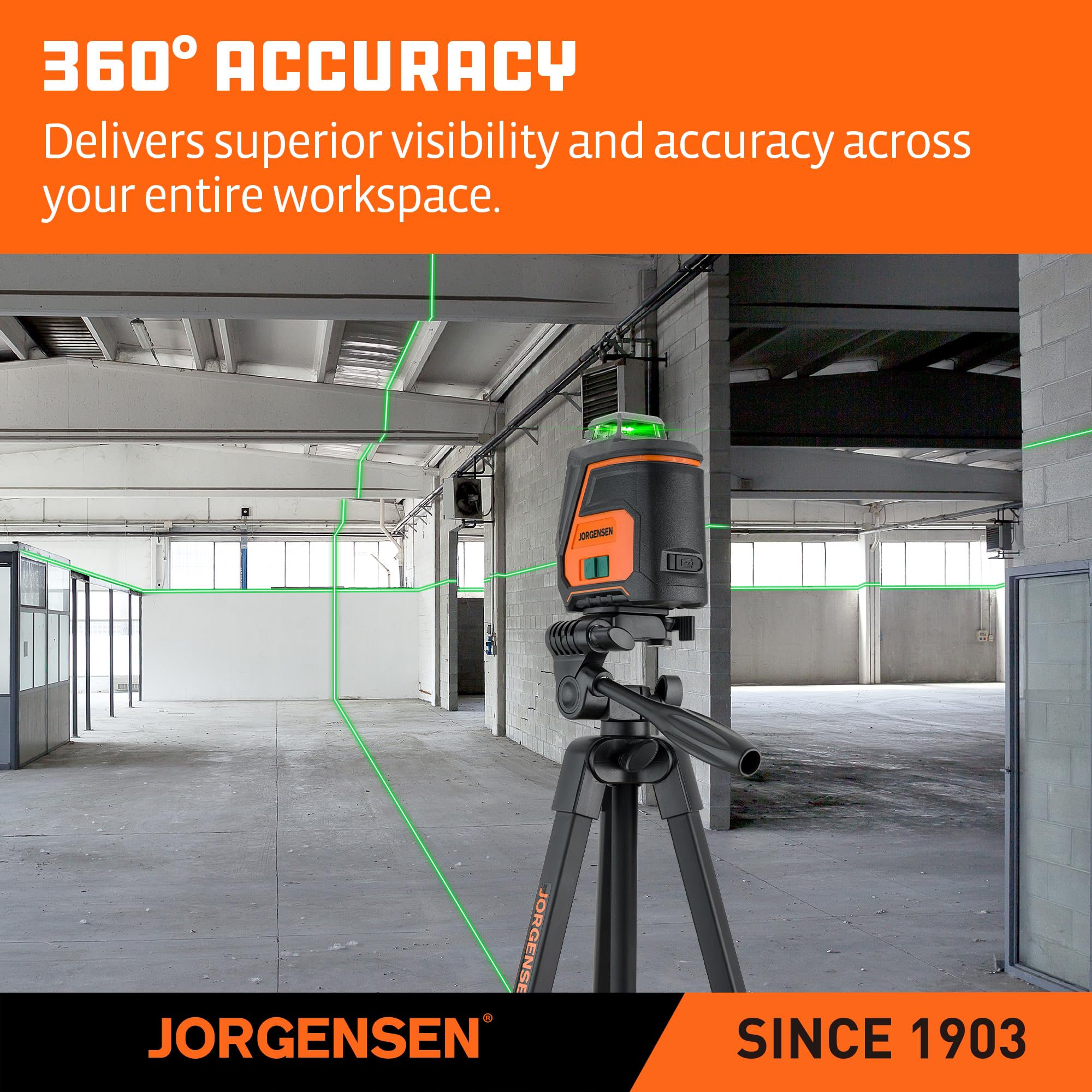 Jorgensen self-leveling mode auto aligns lines for fast hanging tasks.