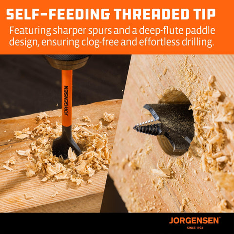 Jorgensen spade bit paddle design enables clean holes
