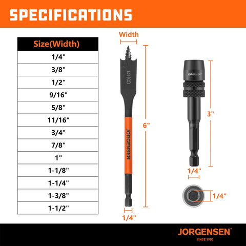 Jorgensen spade bits with 1/4 inch hex shank compatibility