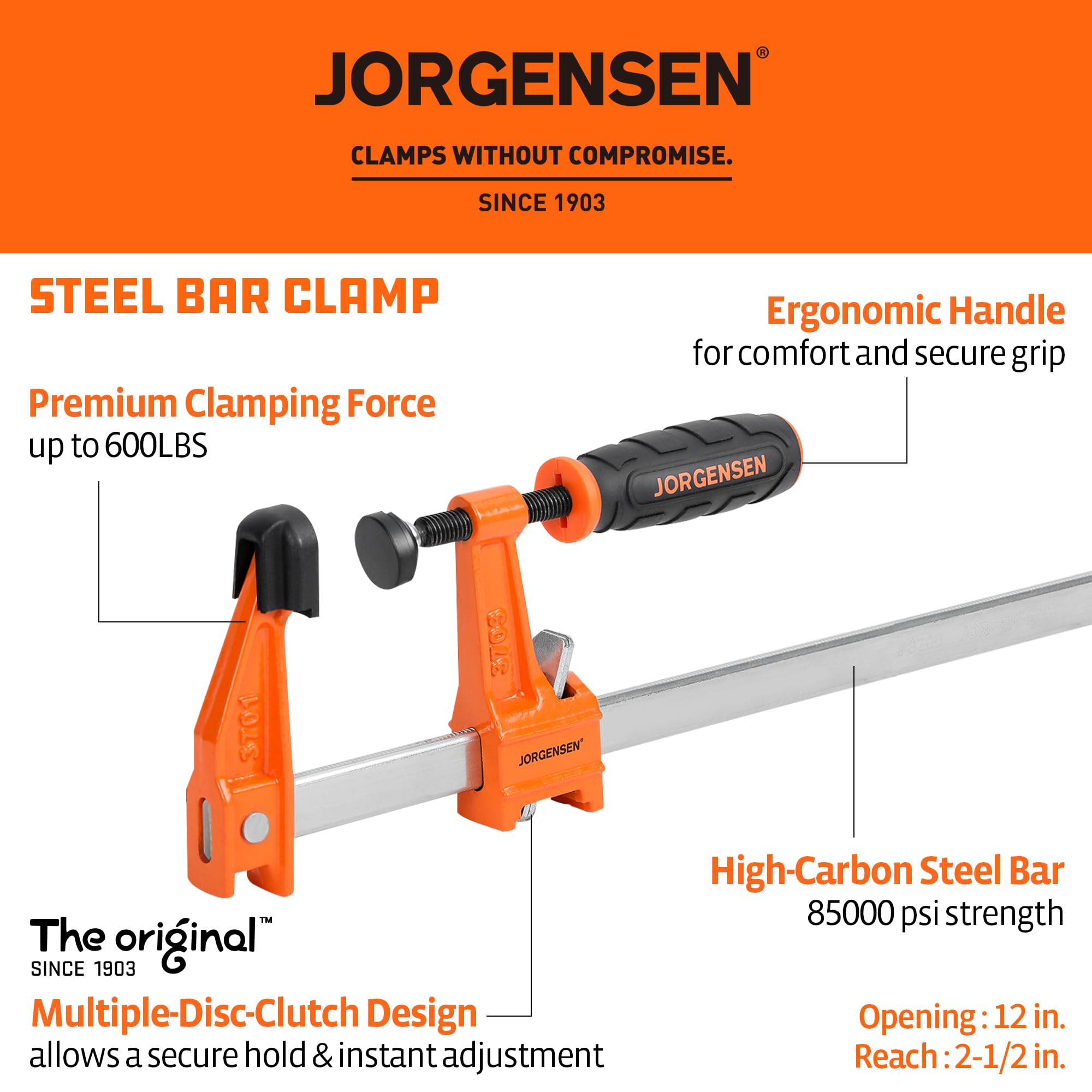 Jorgensen steel bar clamps close-up jaws showing smooth sliding action.