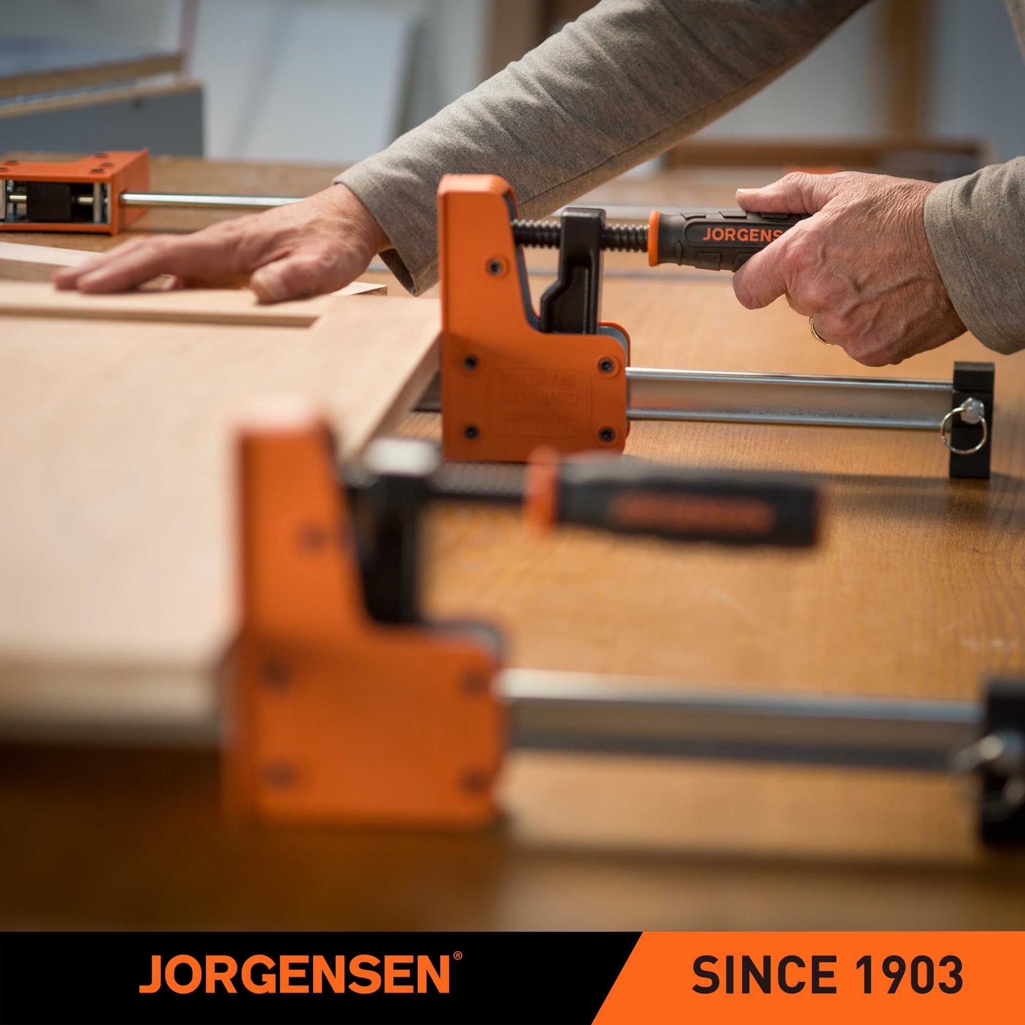 Jorgensen two-pack clamps enable efficient woodworking assemblies.