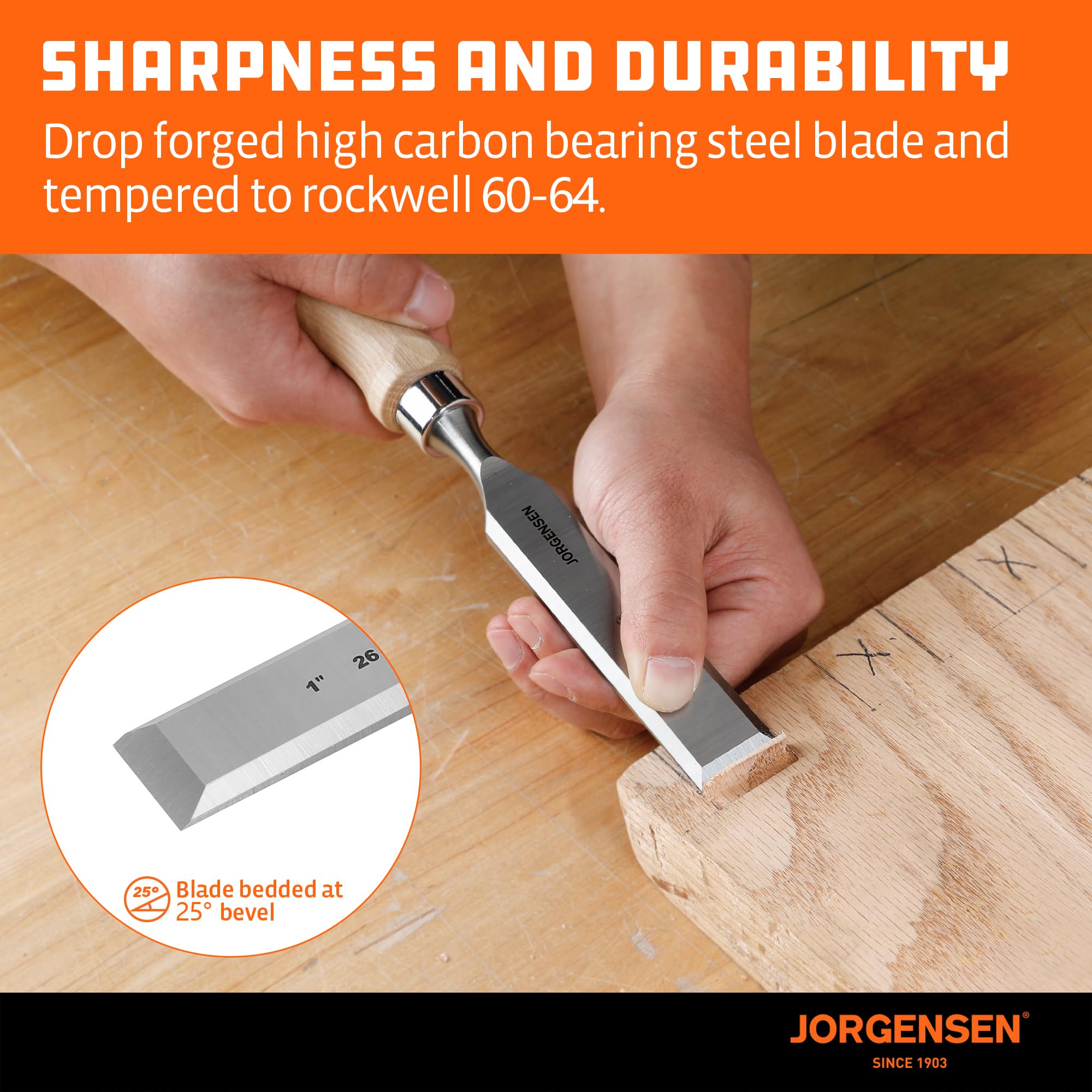 Jorgensen 1/2-inch chisel blade designed for clean joins.