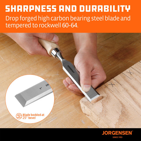 Jorgensen 1/2-inch chisel blade designed for clean joins.