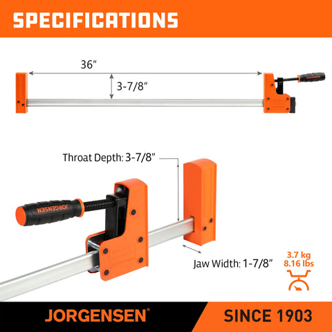 Jorgensen heavy-duty bar and jaws support up to 1500 lbs.