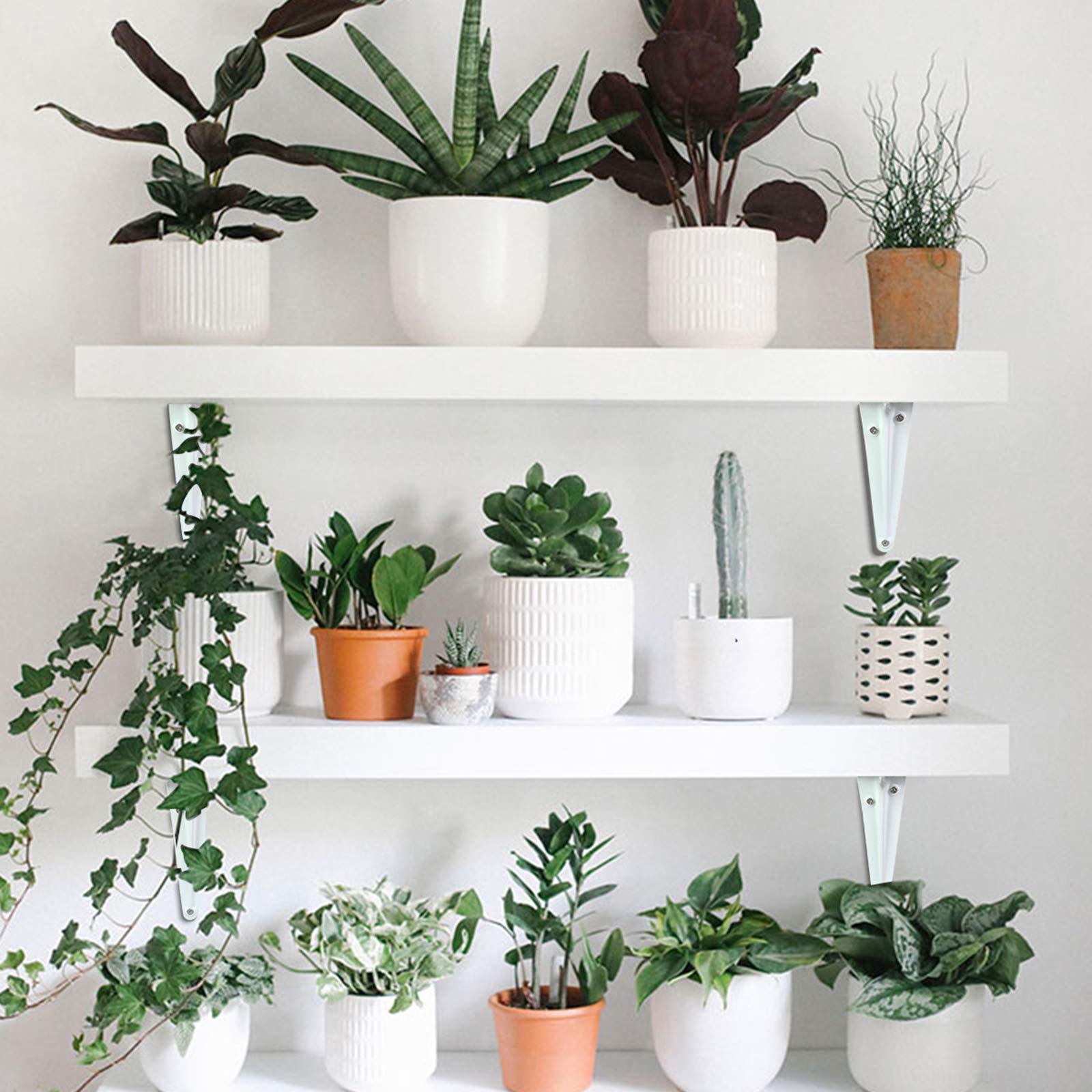 Joroamp white metal brackets on wood shelf for sturdy, space-efficient setups.