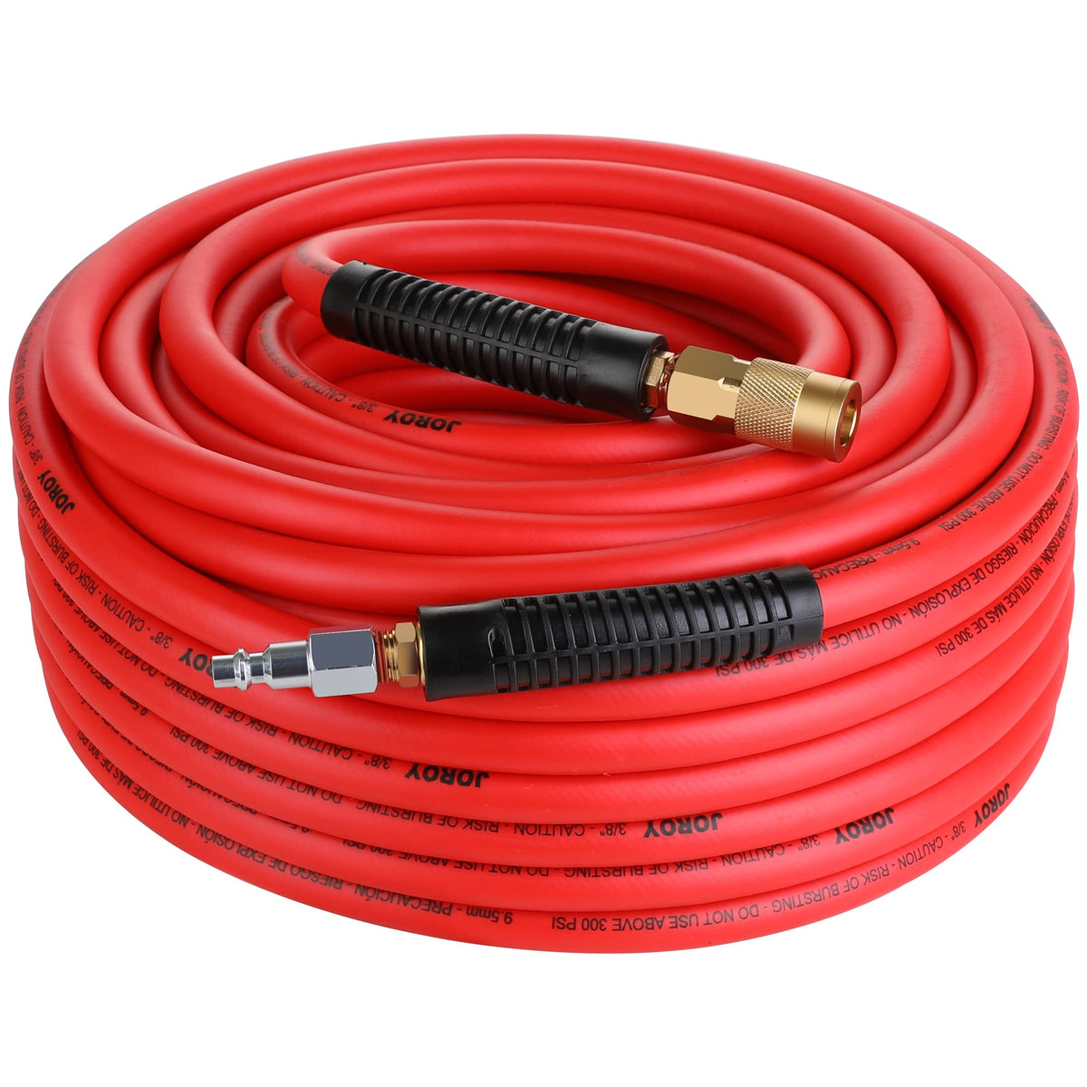 JOROY Hybrid Air Hose, coiled, demonstrates 3/8-inch diameter for efficient air delivery.