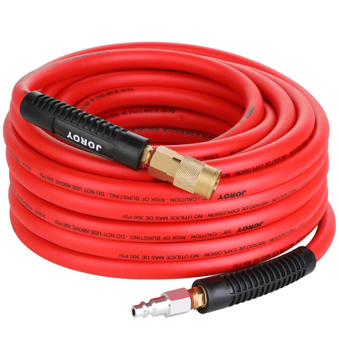 JOROY Hybrid Air Hose showing 3/8-inch diameter and 50-foot length for steady airflow in workshops
