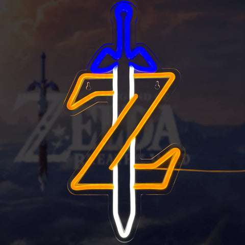 JOSEBRU Zelda neon sign sword Z LED light glowing on wall for immersive gaming ambiance.