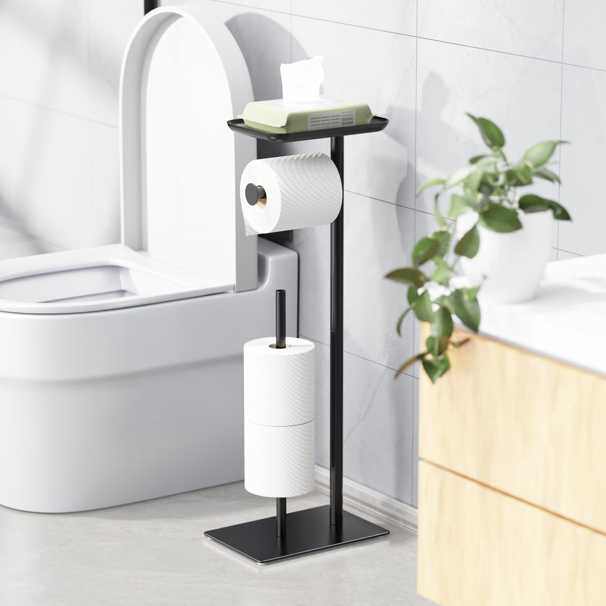 Josmimic toilet paper holder top shelf shows rounded edges for safe access and organization.