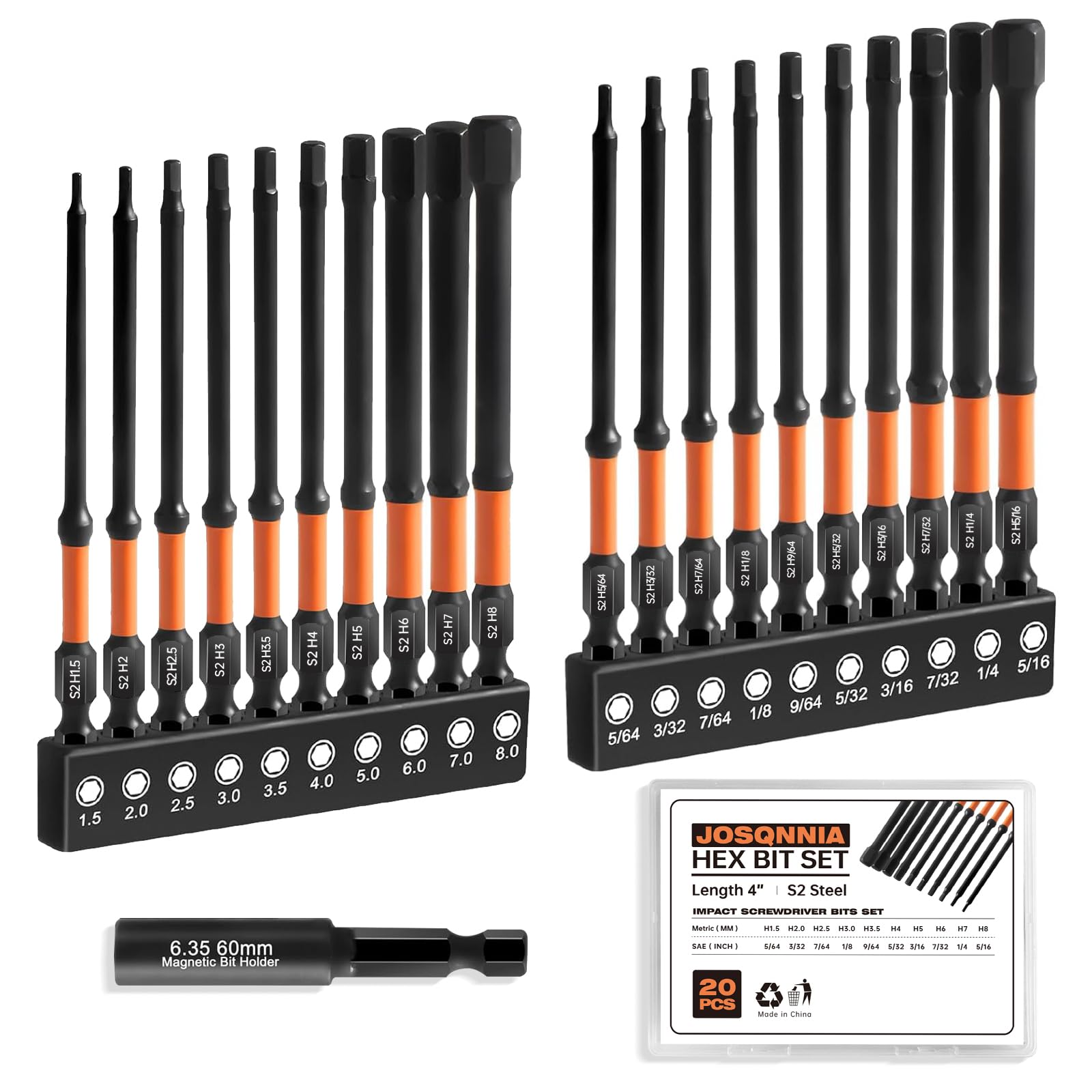JOSQNNIA Allen Wrench Drill Bit Set, 4-inch magnetic tips for secure fastening.