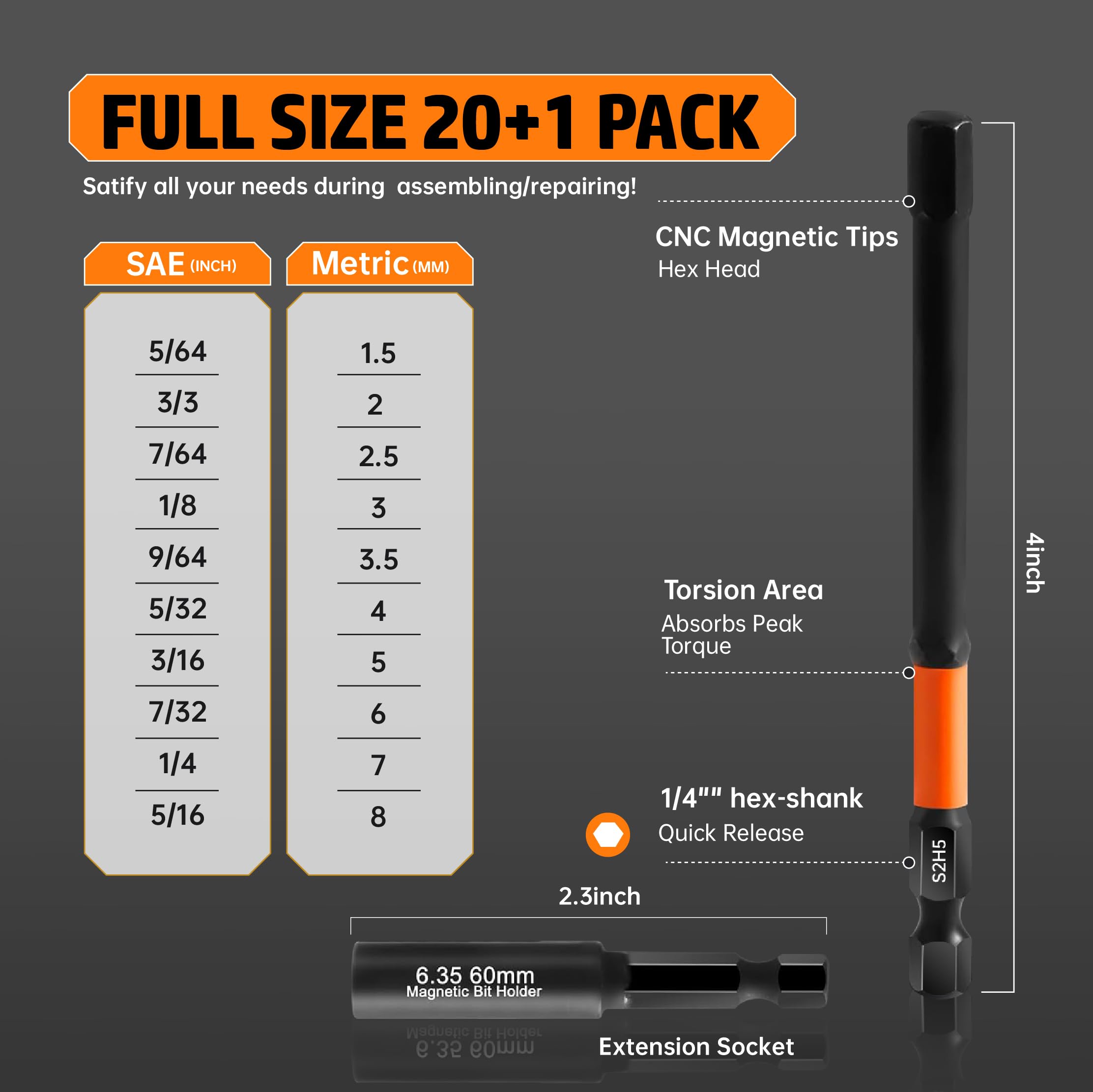 JOSQNNIA magnetic S2 steel hex bits SAE set for heavy duty drivers.