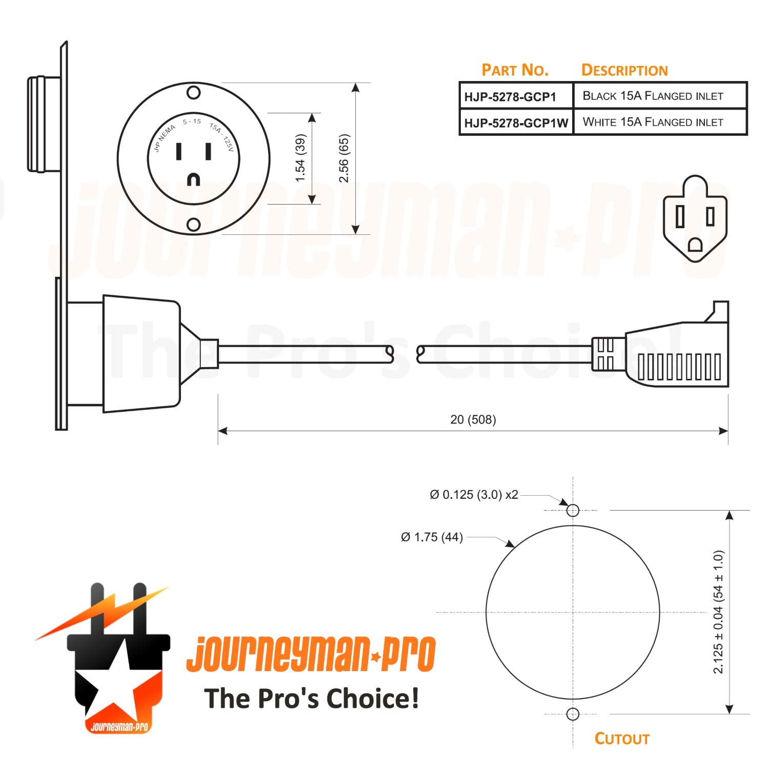Journeyman-Pro 125V inlet suited for outdoor vehicles and marine setups.