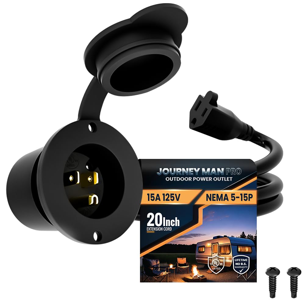 Journeyman-Pro 15A inlet with front cover enables weatherproof outdoor power access.