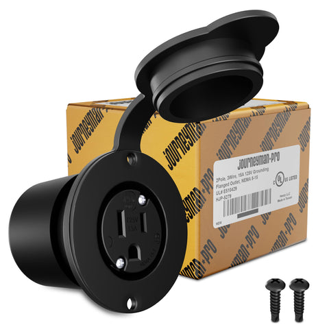 Journeyman-Pro 5279 flanged outlet front view highlights rugged black nylon housing for commercial use.