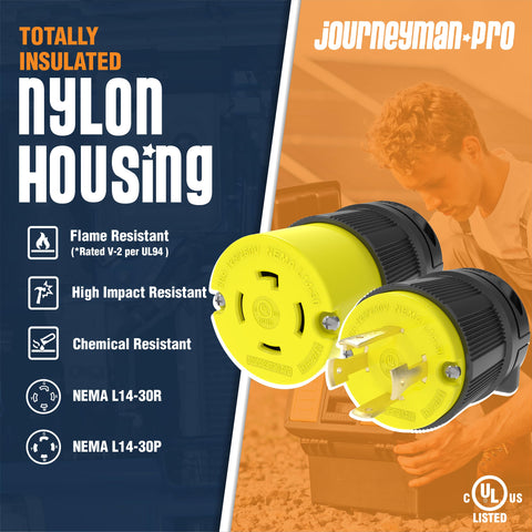 Journeyman-Pro L14-30P locking plug set enables safe attachment.