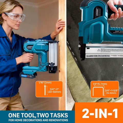 JOVANT 2-in-1 tool handles nails and staples in one device.